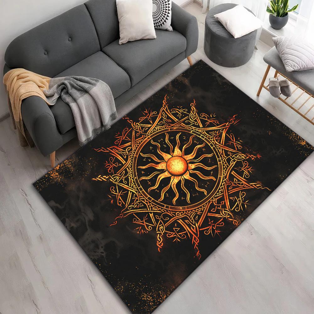 Large Sun Motif Area Rug - Durable  Crystal Velvet Polyester Carpet with Intricate Golden Sun Design for Living Room,