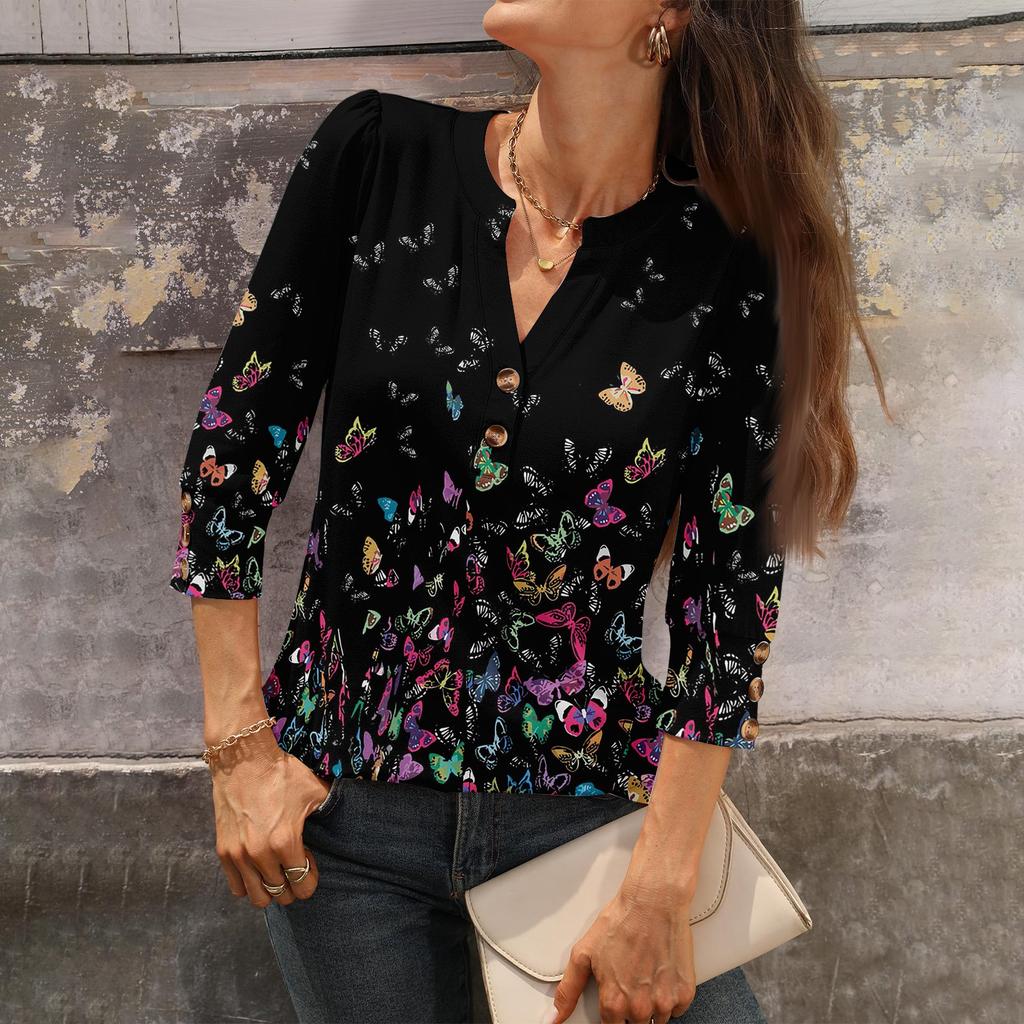 women's retro printed loose 7,inch sleeve top