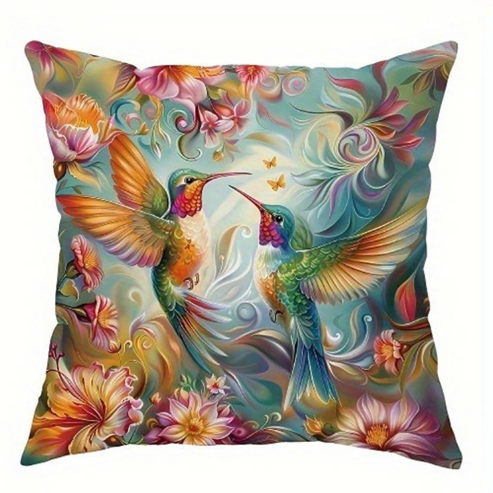 Colorful Hummingbirds On Floral PillowcaseSuitable for Sofa Car Bedroom Decorative Cushion Cover Pillow Cover
