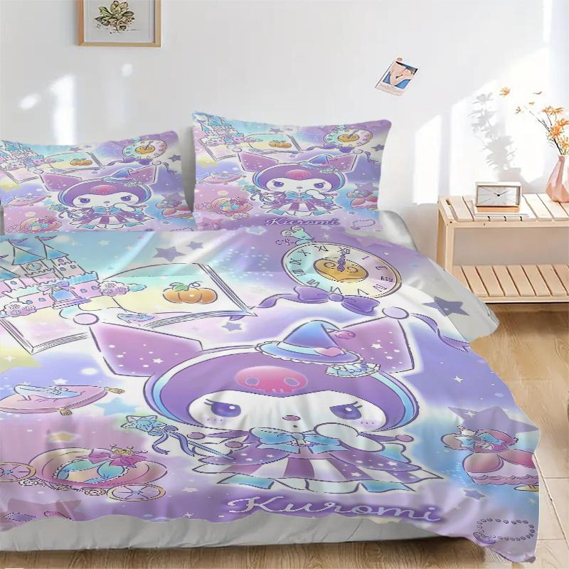 

3pcs Kuromi s Enchanted Journey Printed Quilt Set - Includes 1 Quilt Cover and 2 Pillowcases, Machine Washable - Suitable for All Seasons.S054 135x200cm