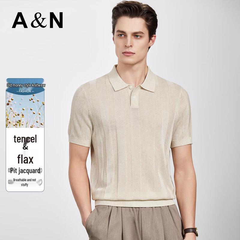 Men s Tencel Linen Blend Ribbed Jacquard Polo Shirt 48