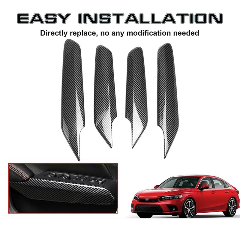 Authentic 4 Piece Inner Door Handle Window Switch Side Panel Cover ABS For Honda Civic 11Th Gen Carbon Fiber Pattern