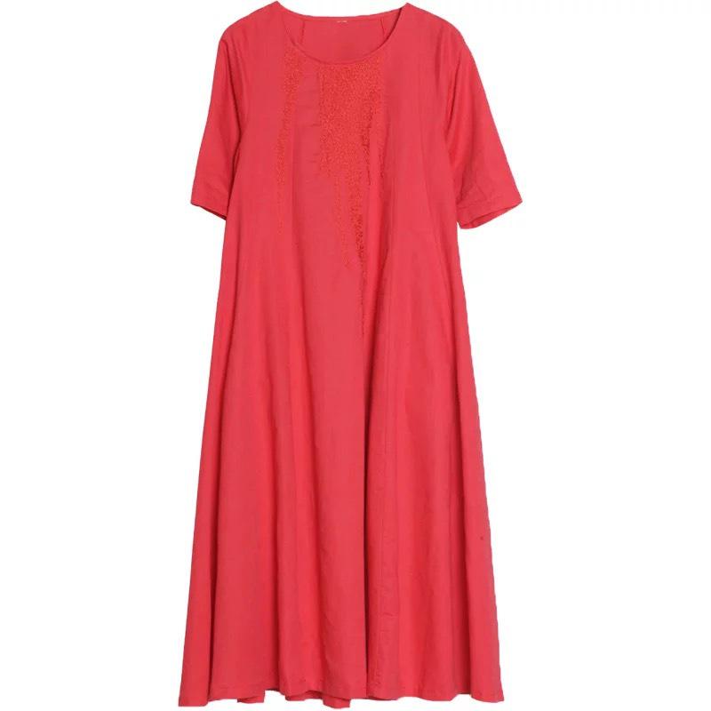 New Summer Style of Artistic Loose Embroidered Cotton and Linen Round-neck Five-quarter Sleeve Dress for Mid-length Women
