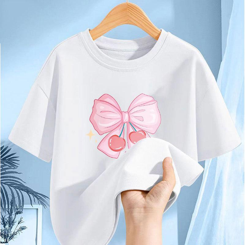 Girls Short Sleeve Tshirt Bow Print Summer Fashion HalfSleeved Top Polyester Fabric