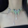Sweet Rhinestone Butterfly Necklace Exaggerated Women's Choker Tassel Crystal Necklace  Party