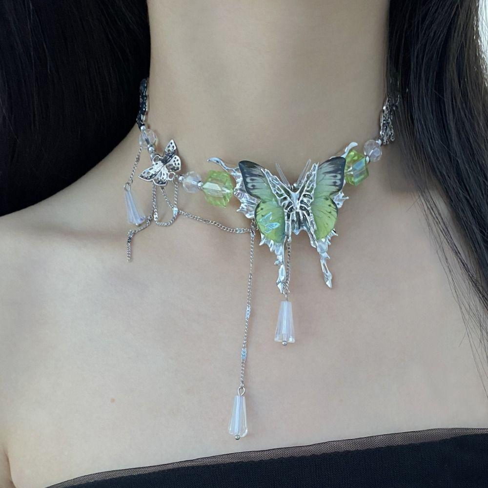 Sweet Rhinestone Butterfly Necklace Exaggerated Women's Choker Tassel Crystal Necklace  Party