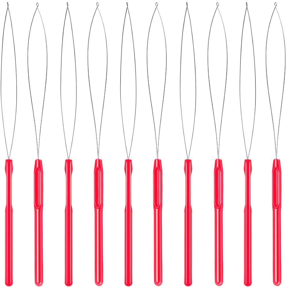 10pcs Hair Extension Loop Needle Threader Pulling Hook Tool and Bead Device Tool Loop Threader Hook Needle For Hair Extensions