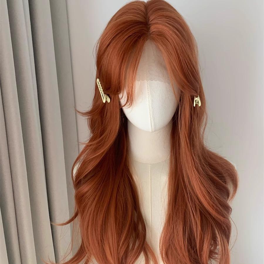 Orange Forehead Lace Long Wavy Synthetic Wig Lolita Long Straight Breathable Chemical Fiber Wig Women's Wig