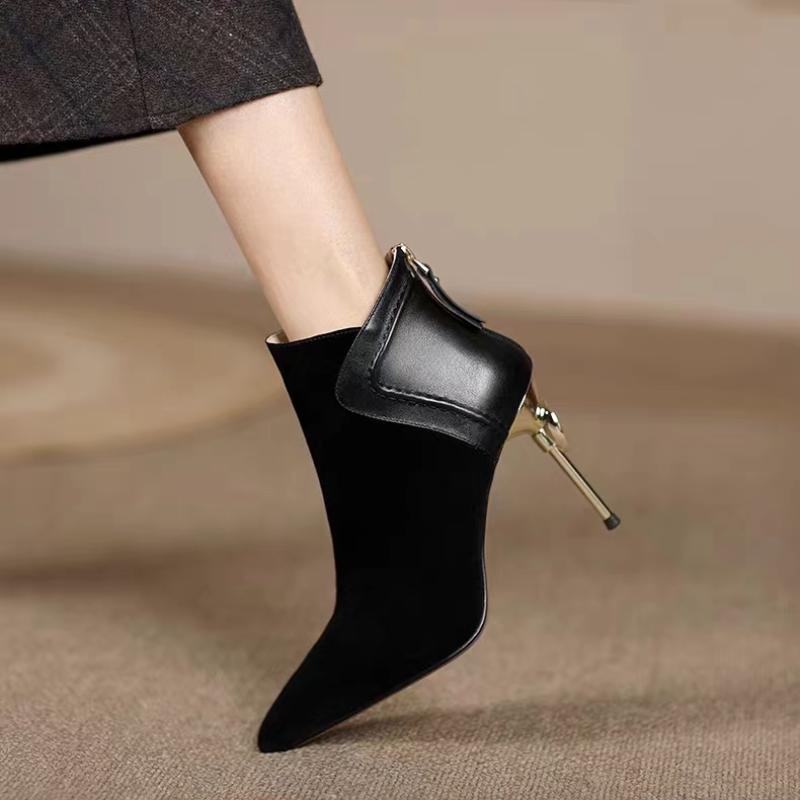 Fashion 2024 Autumn Women Ankle Boots Elegant Brown Suede Short Botas Mixed Leather Iron Thin High Heels Black Botines Femininos Zapatos