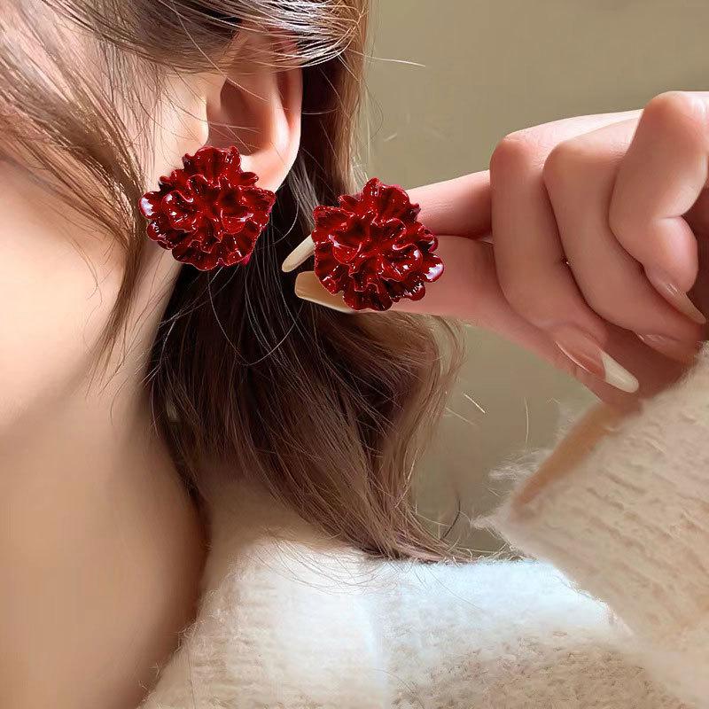 Orecchini a bottone smaltati a forma di fiore piegato 3D color rosso acceso per donna, personalità, temperamento, gioielli minimalisti