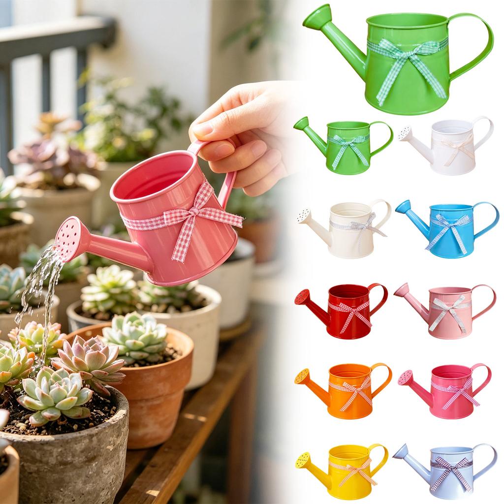 Metal Watering Can with Gingham Ribbon Decorative Garden Watering Pot for Indoor Outdoor Plant Care and Flower Arrangement