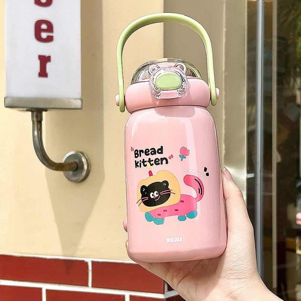 Large Capacity Thermal Cup Double Drinking Straw Coffee Cup Cute Vacuum Cup  for Children