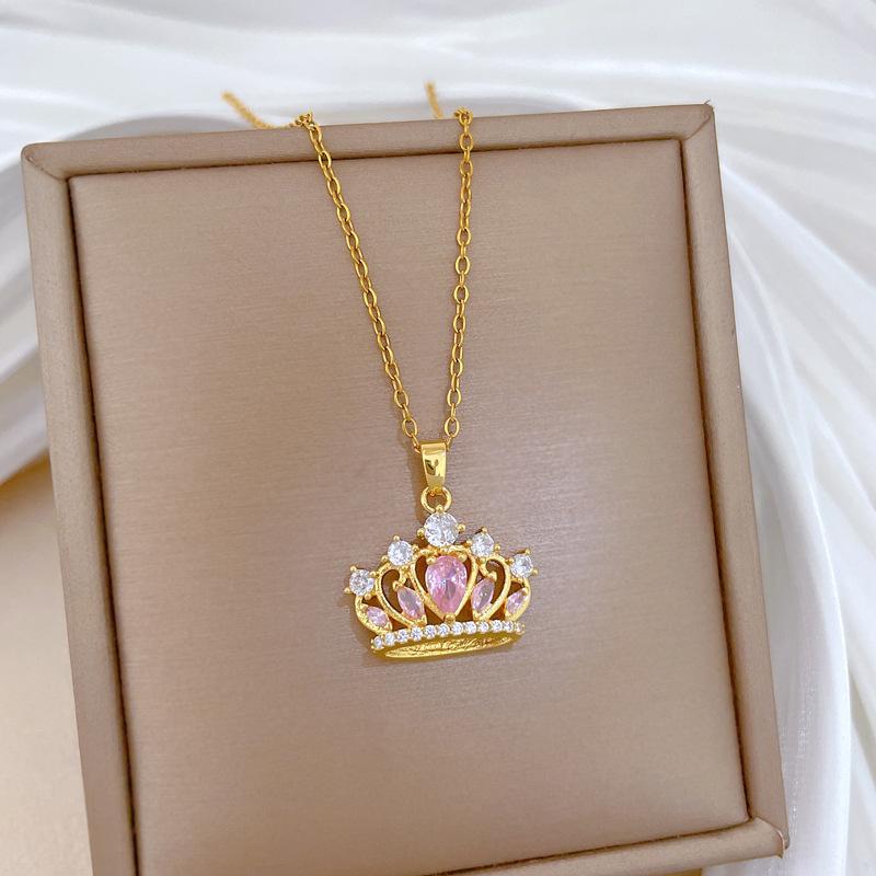 Empty Three-Dimensional Crown Light Luxury Temperament Gorgeous Full Diamond Necklace Female Versatile Collarbone Chain Titanium Steel Chain