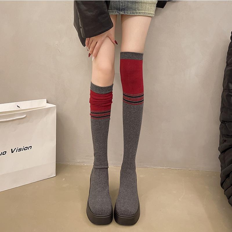 Over The Knee Square Heel Sock Boots Winter Slip-on Ladies Shoes on Sale 2024 Brand Round Toe High Heel Mixed Colors Boots