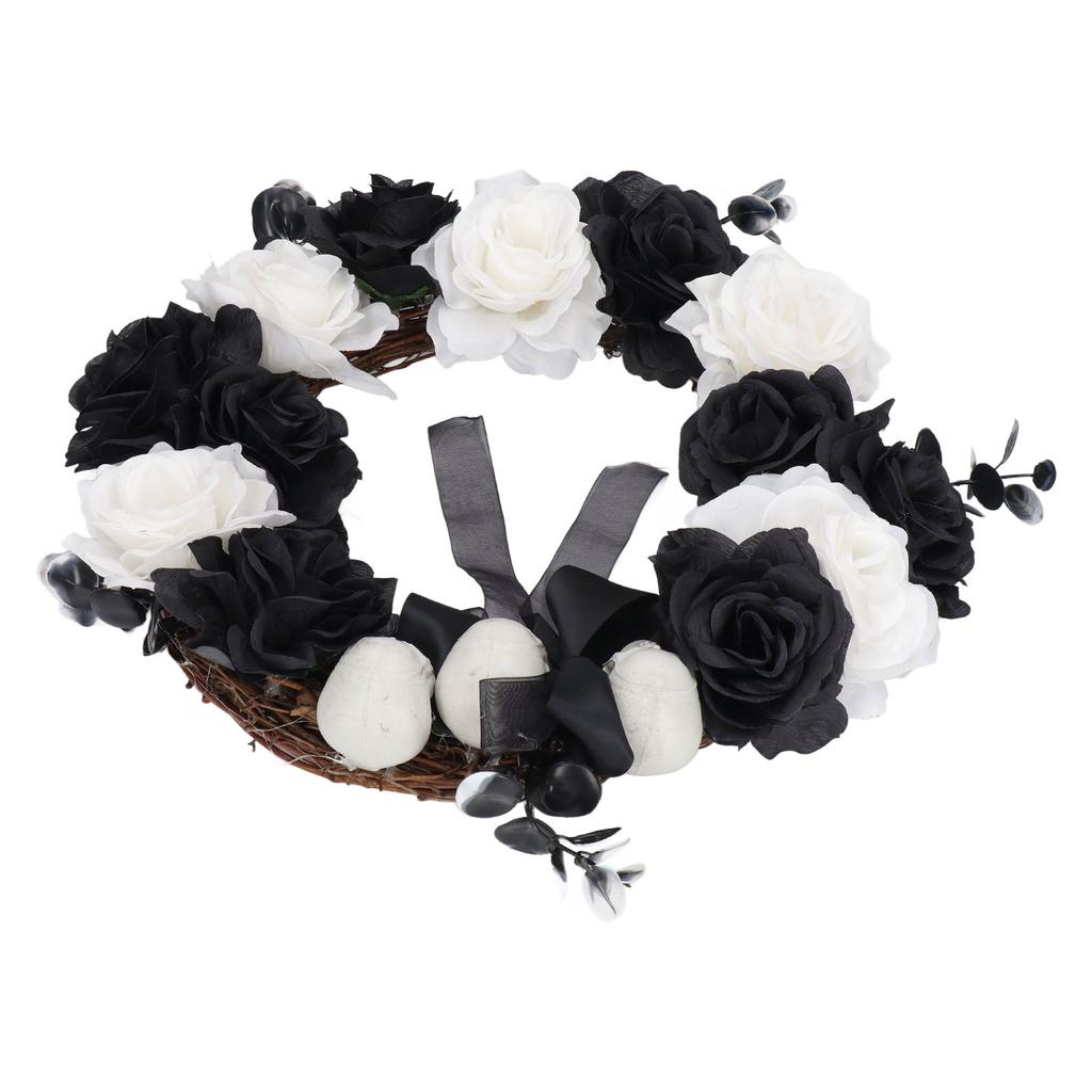 Halloween Kranz Totholz Plastikschädel Schwarz Weiße Blumen Deko Accessoire für Party Spukhaus