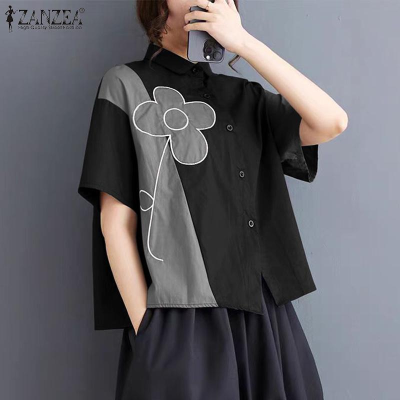 ZANZEA Women Fashion Shirt Collar Floral Print Short Sleeve Shirts
