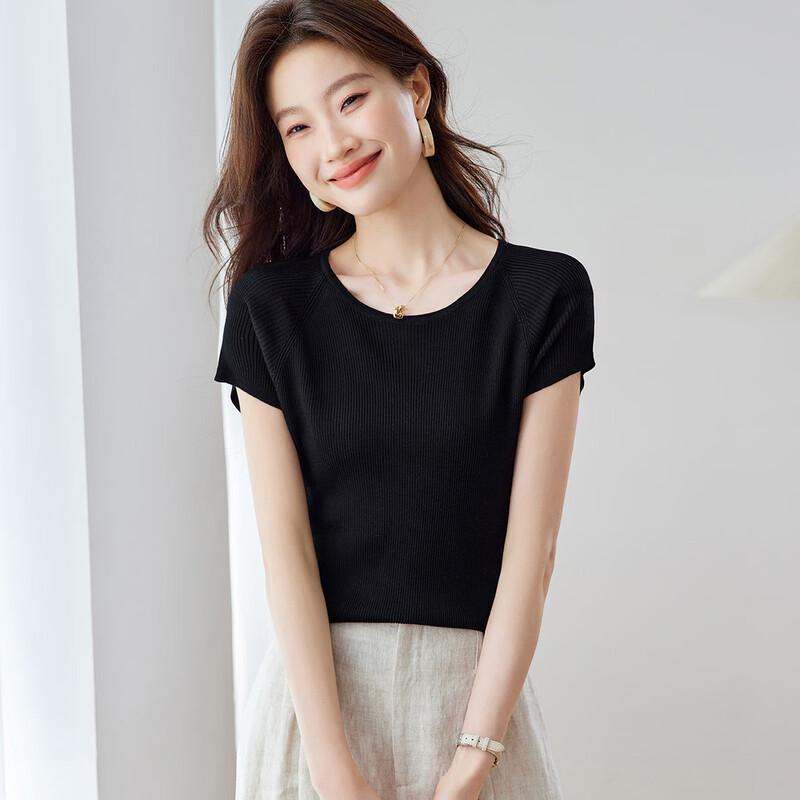 Srcr Women's 100% Mulberry Silk Slim Fit Short Sleeve Knit Top