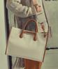Saturday Eleven Two-Tone Canvas Leather Bridge Tote Bag _ Brown Ivory