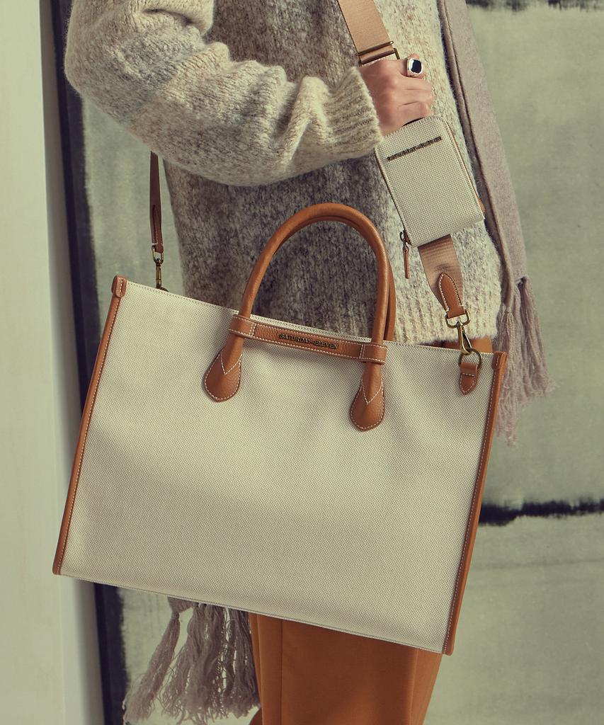 Saturday Eleven Two-Tone Canvas Leather Bridge Tote Bag _ Brown Ivory