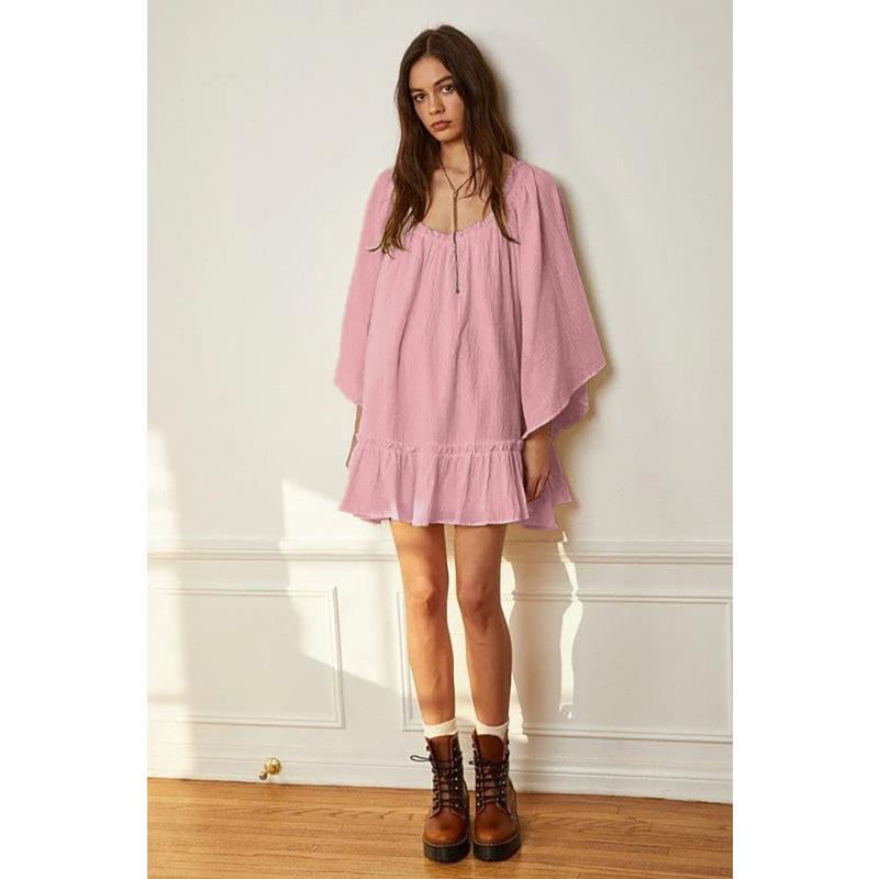 

Женское осеннее платье с длинным рукавом и U-образным вырезом, свободное, повседневное, однотонное, с открытой спиной, сексуальное, с рукавами «летучая мышь», с завязками, сотня коротких платьев L розовый