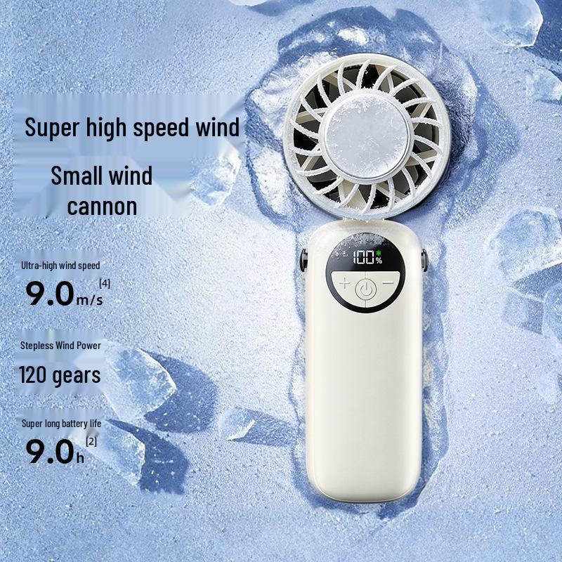 Handheld Mini Portable Fan with Long Battery Life, USB Charging, Cooling Ice Pack, and Foldable Design.