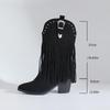 Pointed Toe Thick Heel Western Fringed Riding Boots Autumn Winter Women's Suede Tassel Ankle Boots Retro Knee High Booties 43