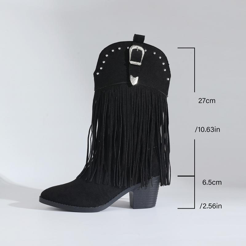 Pointed Toe Thick Heel Western Fringed Riding Boots Autumn Winter Women's Suede Tassel Ankle Boots Retro Knee High Booties 43