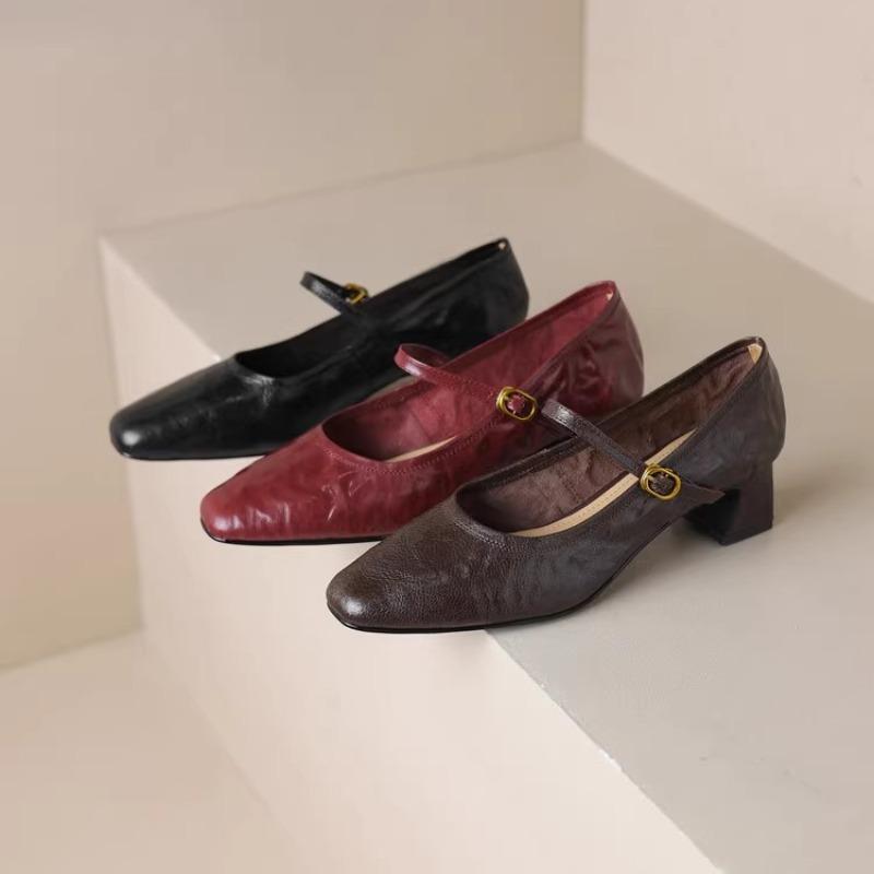 Skinny Little Square Head! Leather Light Mouth Single Shoes Women's Thick Heel Retro Mary Jane Shoes Burgundy Middle Heel Leather Shoes