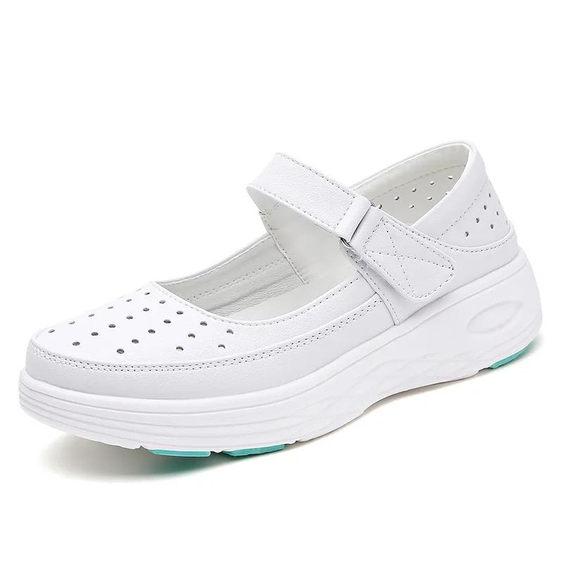 Fashion Leather Air Cushion Nurse Shoes Soft-Soled Women White Medical Shoes Breathable One-Step Flat Non-Slip Walking Sneaker