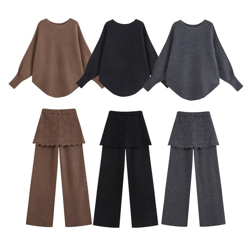 Lazy Style Knit 2-Piece Set Loose Slim Fit Sweater Straight Pants Women