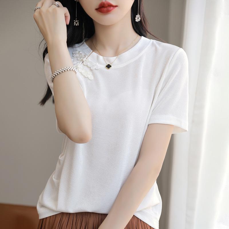 Chinese Style Modified Round Neck Thin Sweater Short-sleeved Women's National Trend Tandem Ice Silk Slit Top Fashionable Versatile T-shirt