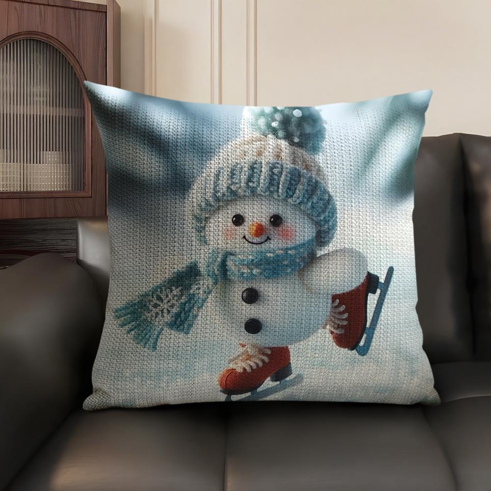 Cute Cartoon Winter Snowman Cushion Cover Natural Linen Organic Fabric DoubleSided Printing Sofa Home Decor Gift Pillow Case