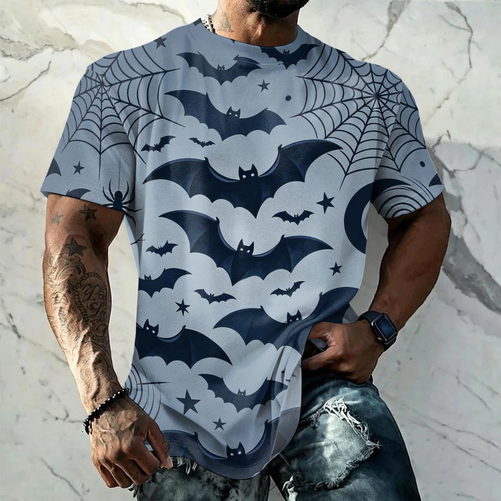 Men's Halloween Vintage Short Sleeve T Shirt Loose Fit Breathable Summer Sports Streetwear Casual Everyday Top with Pumpkin and Bat Print