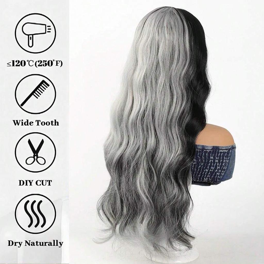 Women's Long Curly Black-Gray Wig with Fashion Highlights and Air Bangs