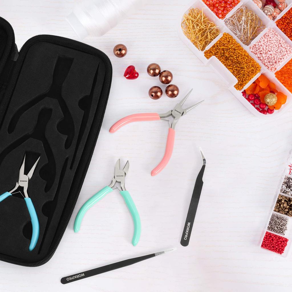 WORKPRO Accessory Tool Flat Round and Set for Crafts with Storage Case Set Pliers, Tongs, Nippers, Pliers, Tweezers, 5-Piece