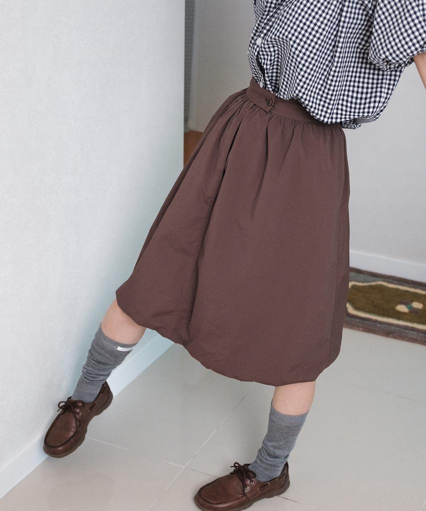 Cotton Bell Shirred Balloon Skirt - Brown