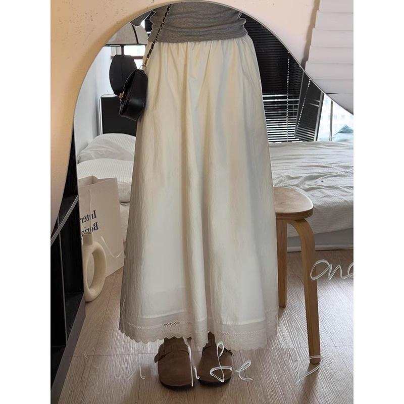 Women's Mid-Length A-Line White Lace Patchwork Skirt - Spring 2025 Collection