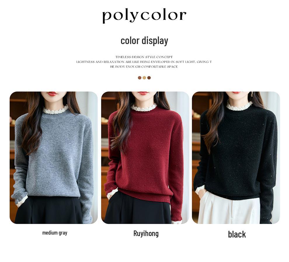 Women's Versatile Crochet Wool Sweater with Half-High Collar - Slimming and Stylish Base Layer Top