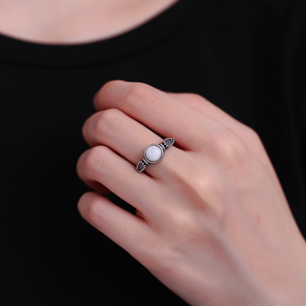 Silver Ring  6.5mm Moonstone Retro Silver Ring Boutique  Women Valentine's Day Birthday Anniversary Gift