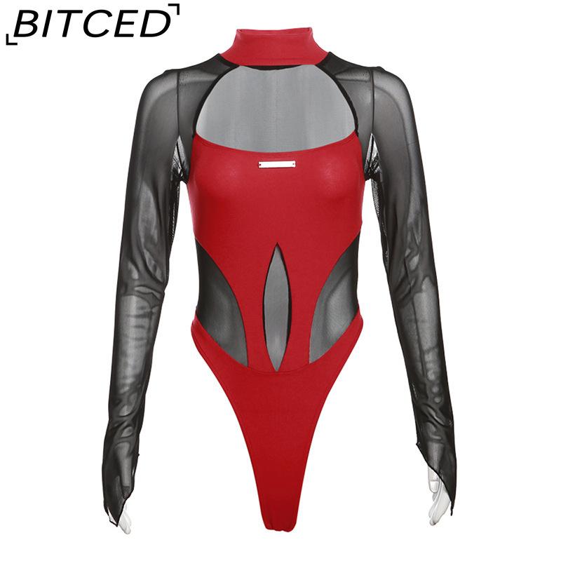 

BITCED Осенний женский однотонный облегающий комбинезон из сетки с длинными рукавами в уличном стиле L красный