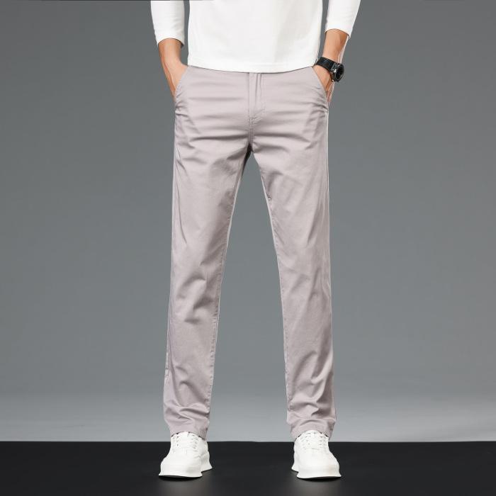 Pánské khaki elastické rovné bavlněné ležérní kalhoty - podzimní kolekce 2024