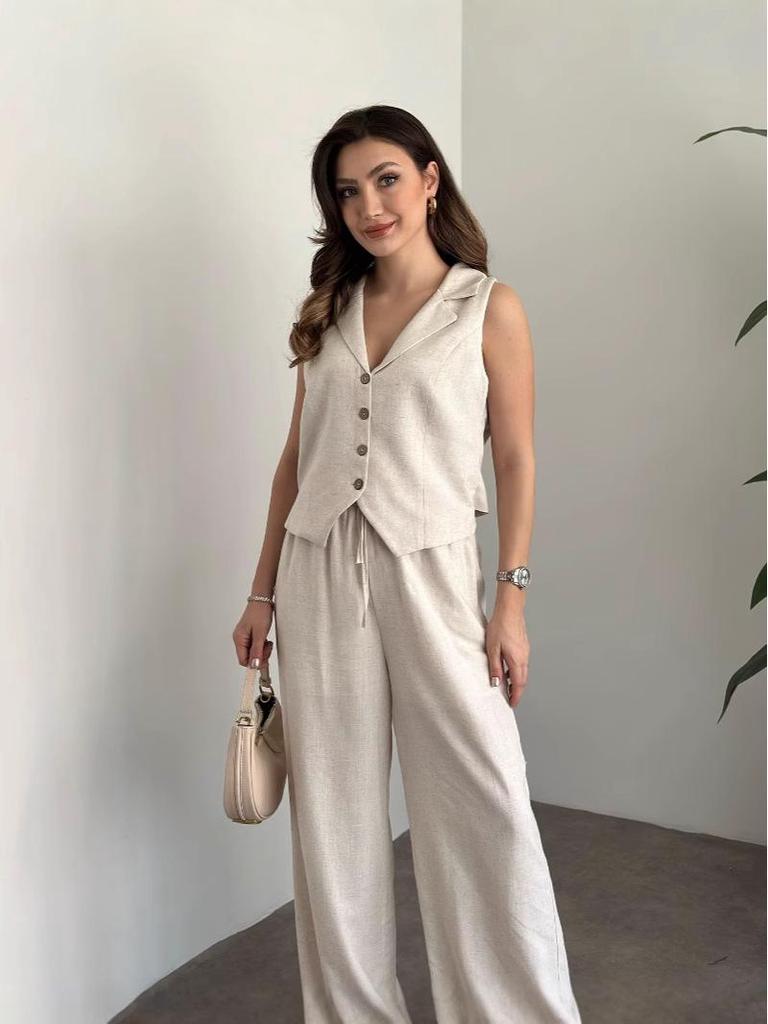 Summer 2025 Sleeveless V-neck Linen-Cotton Vest & Casual Pants Set