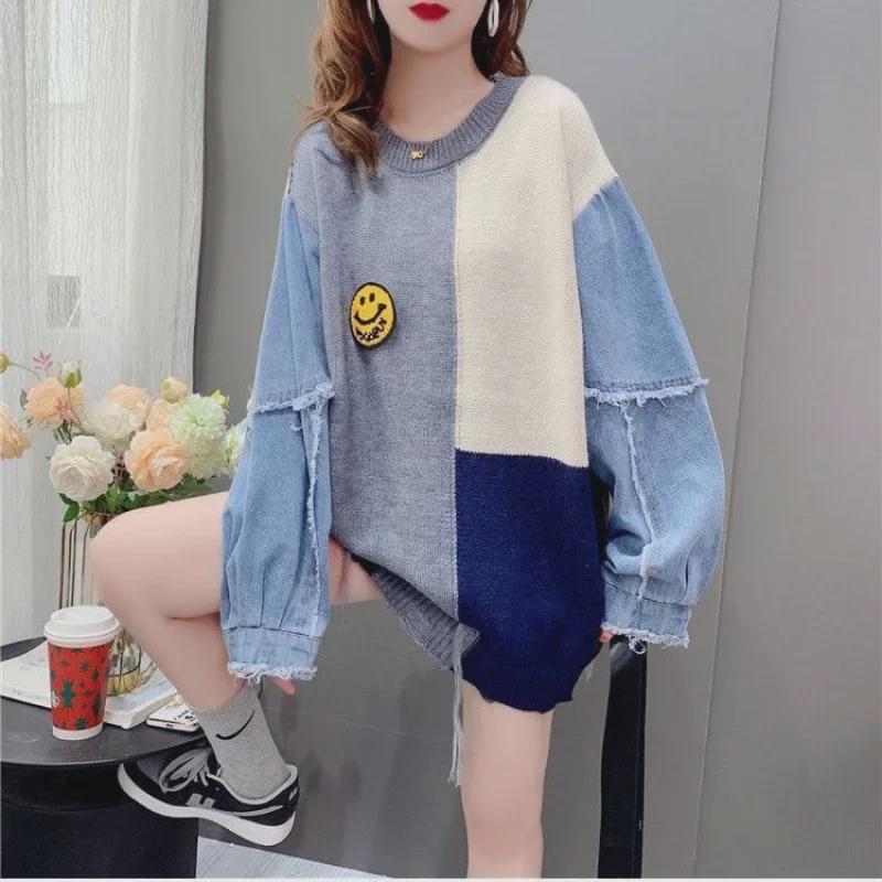 2024 Autumn/Winter Korean-Style Denim Splicing Loose Pullover Sweater for Women