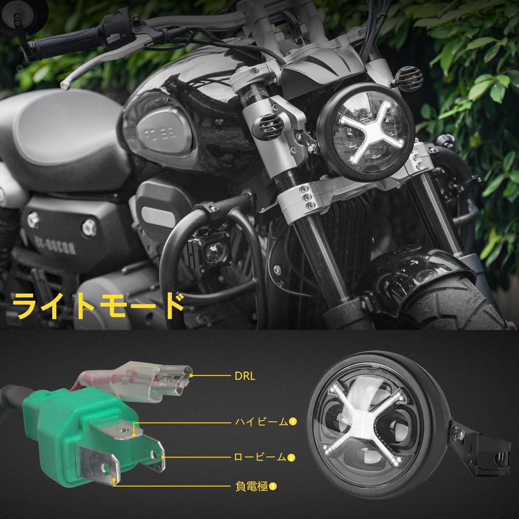 Motikvans 5.75 Inch LED Bike Headlight Retro Black X-Men Shape White DRL High/Low Beam