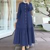 ZANZEA Women Casual Turn Down Collar Loose Long Sleeve Retro Long Dress