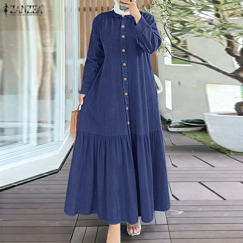 ZANZEA Women Casual Turn Down Collar Loose Long Sleeve Retro Long Dress