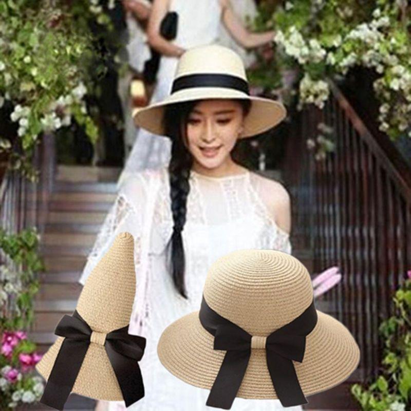 Strohhut Damen Sommer Sonnenhut Koreanische Version Modisch Strand Sonnenhut Großer Schirm Sonnenschutz UV-Schutz Faltbarer Strandhut