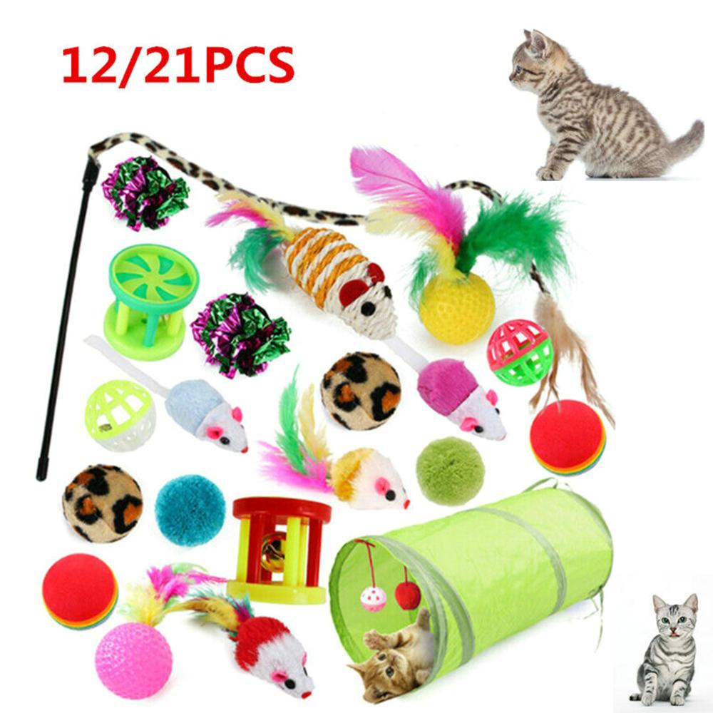 12/21PCS Interactive Kitten Bulk Toy Stick Mouse Cat Toys Set Feather Balls Collapsible Tunnel