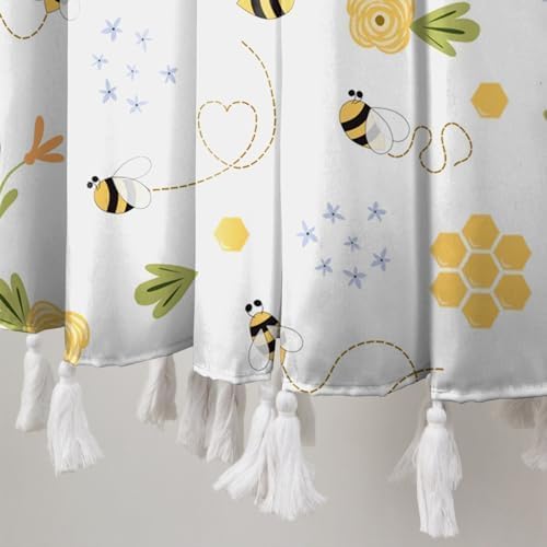 Cartoon Bee Shower Curtain With Tassel Honeycomb Honey Rustic Floral Farmhouse Shower Curtain For Bathroom Kids Honey Dormitory