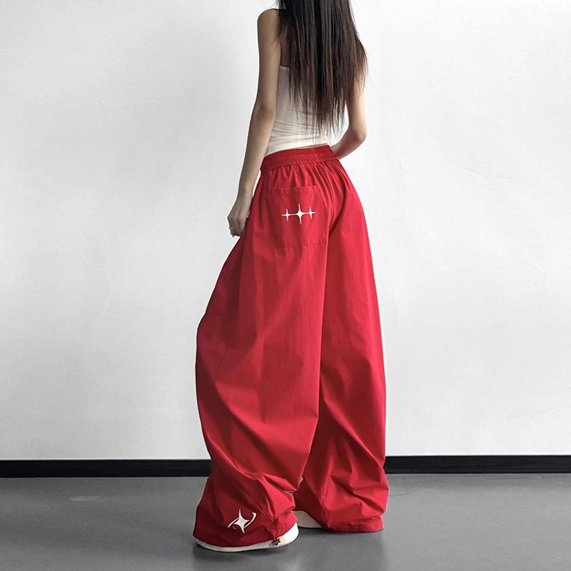 

American Loose Fit Elastic Waist Parachute Cargo Pants - Quick Dry & Casual for Spring Medium красный